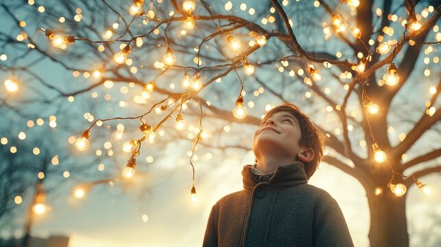 A man stands beneath a towering tree, its branches adorned with burning light bulbs that cast a warm glow around him.