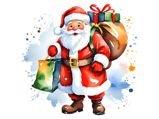 Cheerful Santa Claus: Watercolor Gift-Giving Delight on Flat White Background