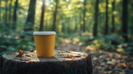 A yellow disposable coffee cup sits on a tree stump in a sun-dappled forest. Autumn leaves surround the cup, creating a peaceful and tranquil scene.