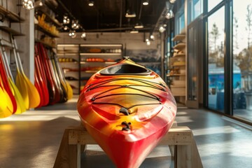 Colorful kayak on display in a bright shop showcasing water sports equipment