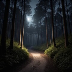 Fototapeta premium A winding forest path lit by soft moonlight filtering through tall trees, creating a serene and mysterious atmosphere.