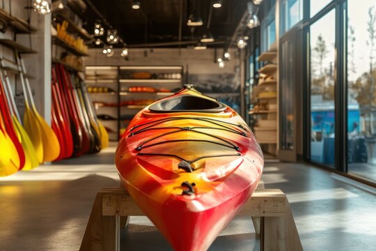 Colorful kayak on display in a bright shop showcasing water sports equipment