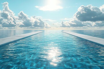 Fototapeta premium Stunning Infinity Pool Overlooking the Ocean with a Sunny Sky