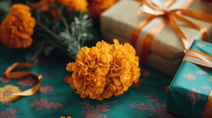 Vibrant Marigold Blooms and Autumn Gifts on Patterned Fabric