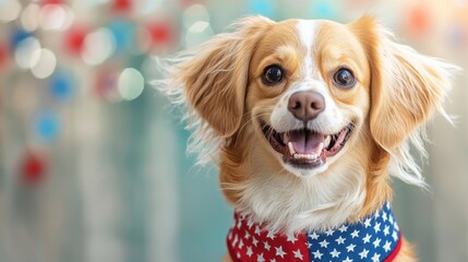 The Independence Day dog for America Freedom is a patriotic canine, adorned in red, white, and blue accessories, radiating pride and spirit as they celebrate the nation's freedom and independence.