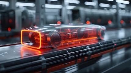 Obraz premium A futuristic transparent vehicle model displayed in a high-tech manufacturing environment.