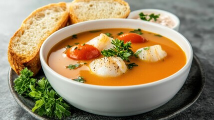 Bouillabaisse is a rich and aromatic seafood soup made with a variety of fish, shellfish, tomatoes, herbs, and spices