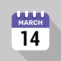 14 march calendar icon vector with date background. Vector schedule symbol.