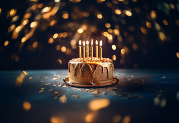 A single-tiered birthday cake with golden candles, drizzled with chocolate, set against a bokeh background of warm gold lights.