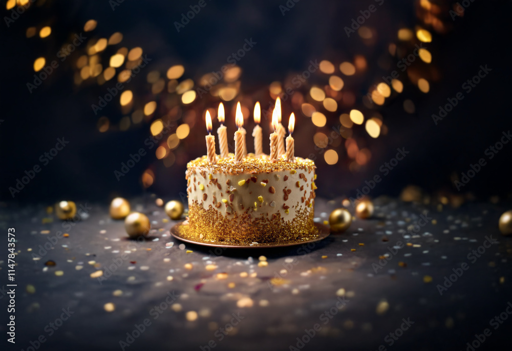 Poster a golden birthday cake with lit candles sits on a table surrounded by golden confetti and bokeh.