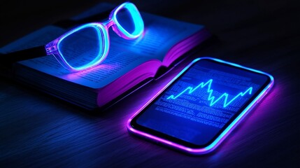 Smartphone displaying stock market graph, glasses, and book at night.