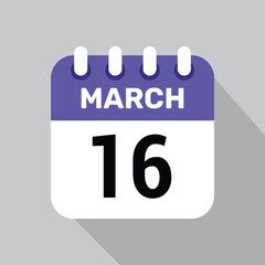 16 march calendar icon vector with date background. Vector schedule symbol.