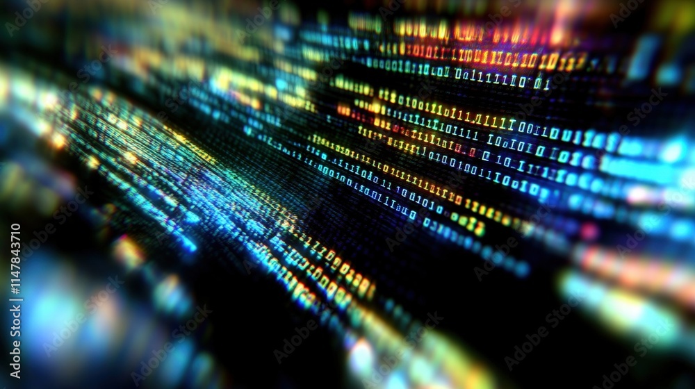 Fototapete Close-Up View of Computer Code on Screen with a Focus on Digital Data Streams and Colorful Light Effects Highlighting Software Programming Concepts