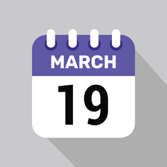 19 march calendar icon vector with date background. Vector schedule symbol.