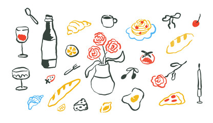 Hand drawn rough simple Italian cuisine food in doodle ink style. Set of abstract color food for menu. Wine glass, croissant on isolated background