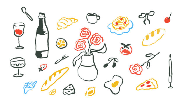 Hand drawn rough simple Italian cuisine food in doodle ink style. Set of abstract color food for menu. Wine glass, croissant on isolated background