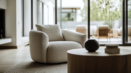Fototapeta premium Minimalist modern lounge with clean, refined design. Featuring sleek lines and neutral colors