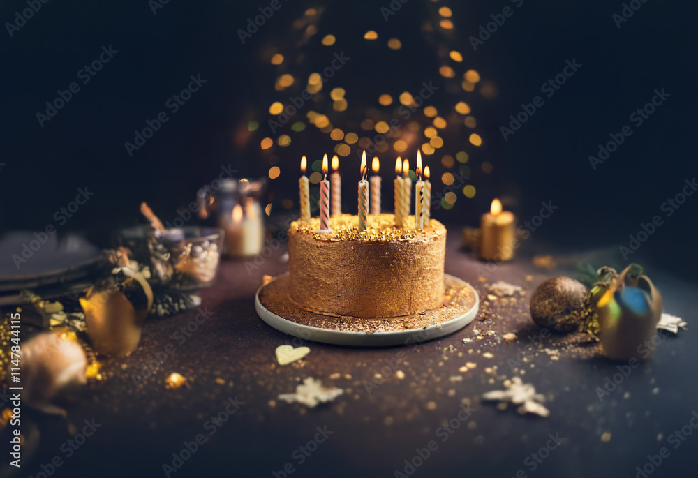 Poster a golden cake with lit candles sits on a table surrounded by festive decorations and warm string lig