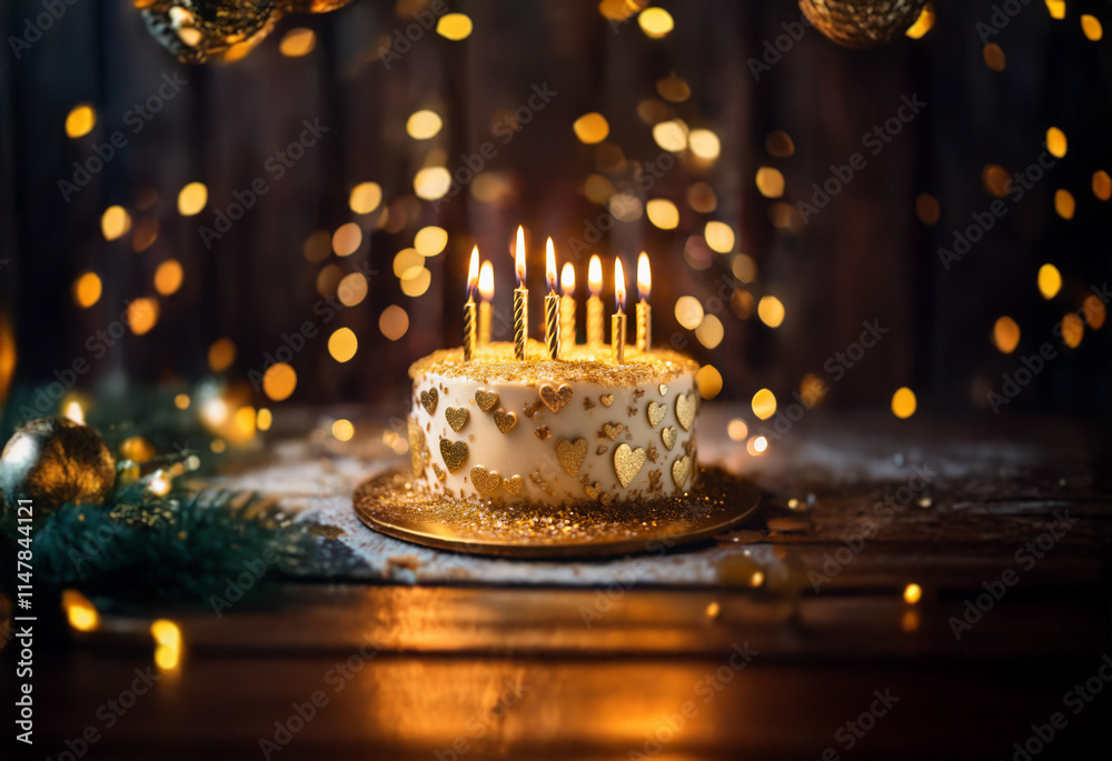 Poster a golden birthday cake with lit candles sits on a wooden table surrounded by sparkling lights and ev