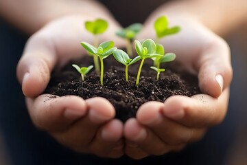 Hand holding small tree for planting. plant growing on soil. with sunlight. concept green world. nature conservation