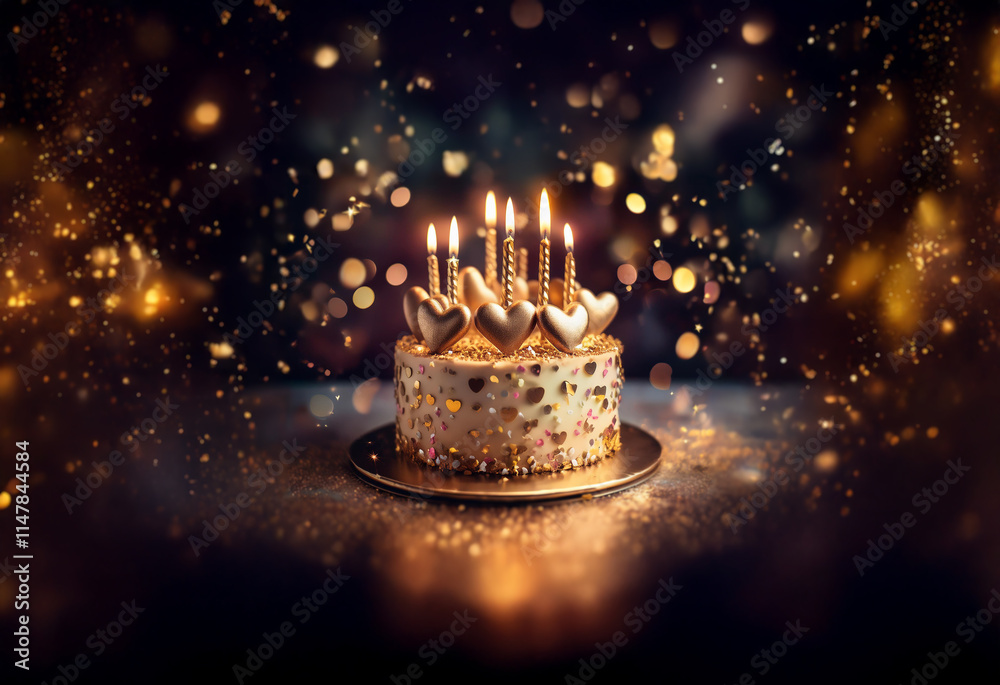 Poster A golden cake with heart-shaped candles sits on a table with sparkling golden lights in the background.