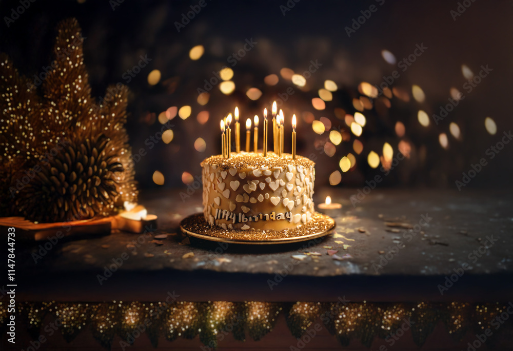 Poster A golden cake with lit candles sits on a table with a decorative pine tree in the background.