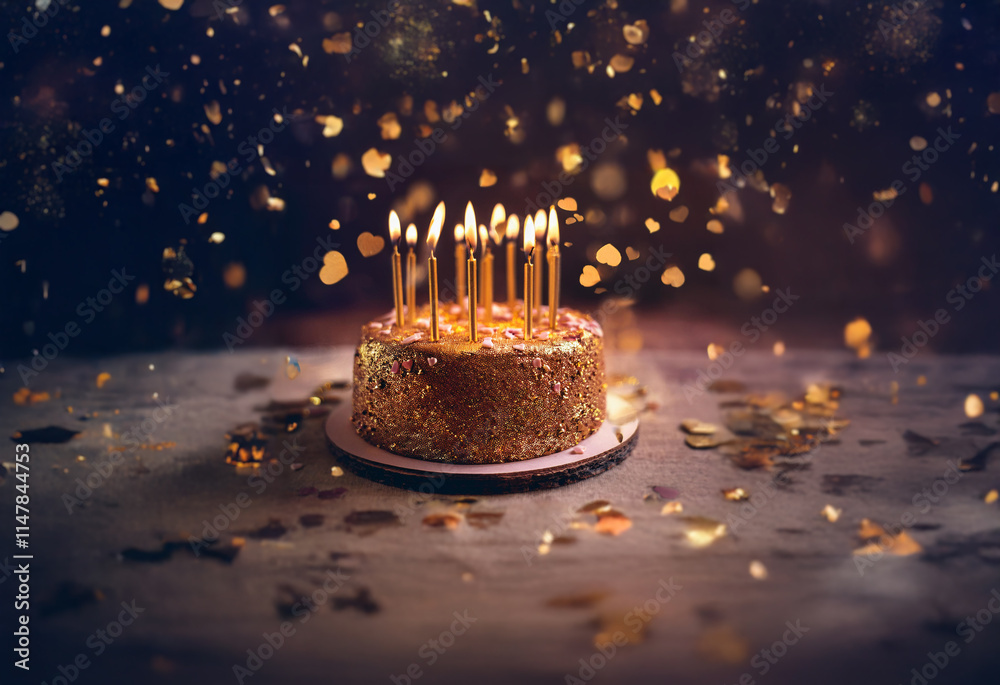 Poster a single-tiered golden cake with lit candles is surrounded by a scattering of gold confetti against 
