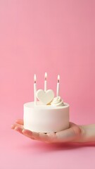 A cute little cake with candles and a heart held in the palm of a hand. Perfect for Valentine's Day greetings and cards. Space for text