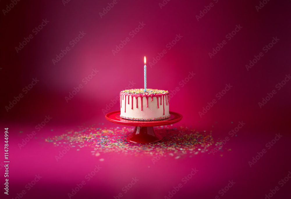 Poster a single lit candle sits atop a white cake with pink frosting and sprinkles, displayed on a red cake