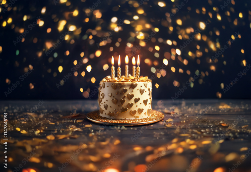 Poster a single-tier cake decorated with golden hearts sits on a wooden table with confetti and a bokeh of 