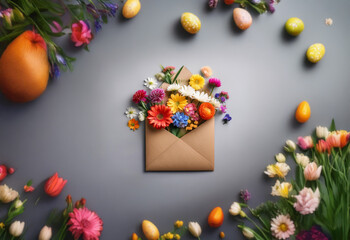 A brown envelope filled with colorful flowers, surrounded by scattered Easter eggs and tulips on a gray background.