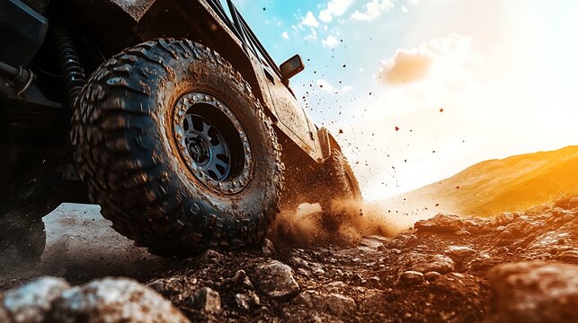 Off-road vehicle driving on rocky terrain, dust flying from tires at sunset.