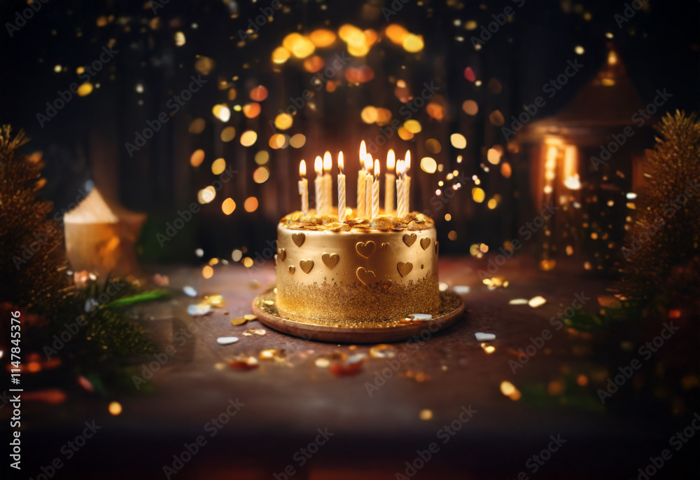 Aufkleber a golden cake with heart-shaped details and lit candles sits on a table surrounded by confetti and b