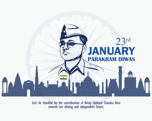 illustration of Indian background, banner, poster or card with Nation Hero and Freedom Fighter Subhash Chandra Bose Pride of India for 23rd January.