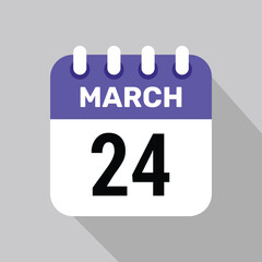 24 march calendar icon vector with date background. Vector schedule symbol.