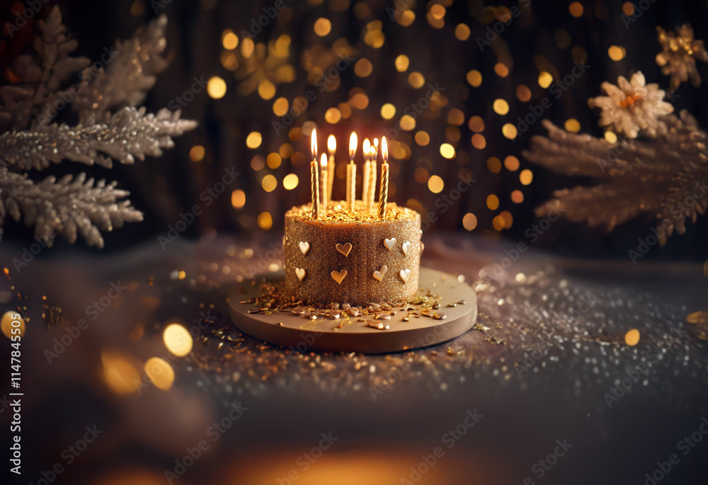 Aufkleber a golden birthday cake with lit candles sits on a table with sparkling gold confetti and a blurred b