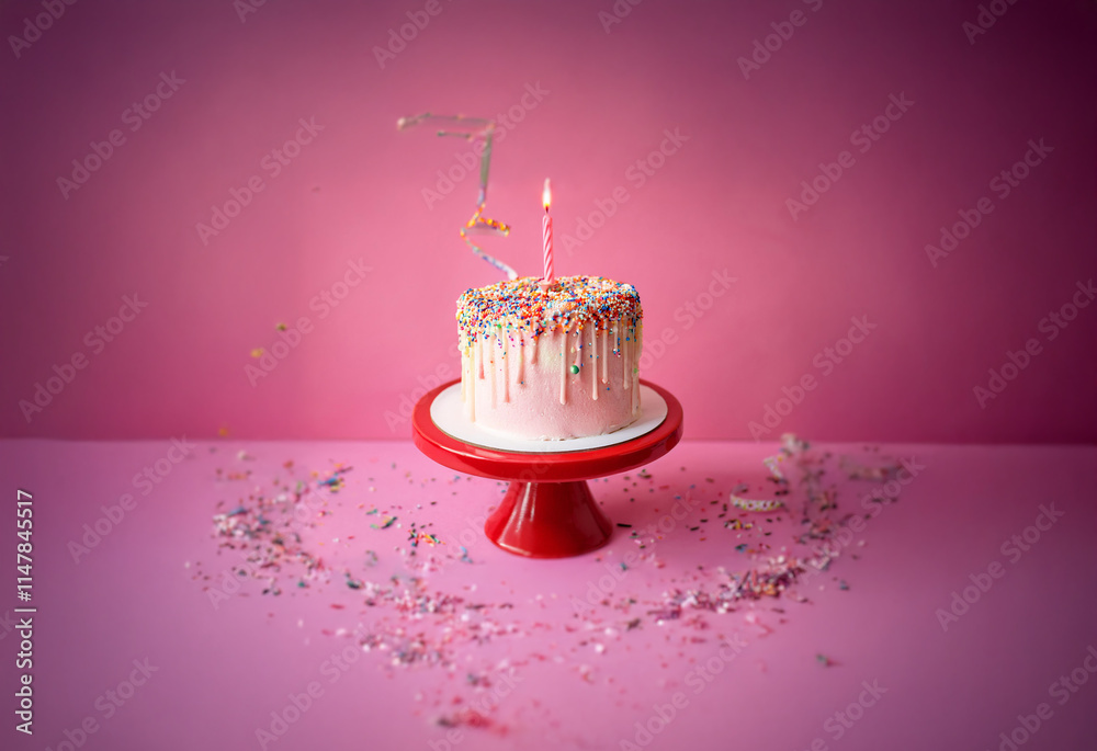 Poster a pink and white birthday cake with a single lit candle sits on a red cake stand in front of a pink 