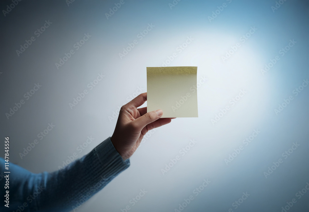 Aufkleber a hand holds a blank yellow sticky note against a gradient background.