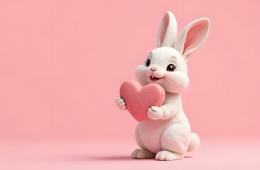 Fototapeta premium Cute bunny with a heart-shaped box in its paws on a pink background. Perfect for a Valentine's Day greeting. Space for text