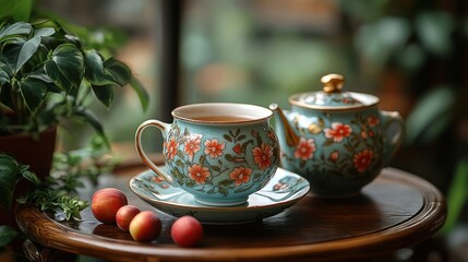 Fototapeta premium Floral teacup, teapot, saucer, peaches, wooden table.