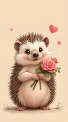 Cute hedgehog with flowers in his paws. Perfect for Valentine's Day greetings and cards