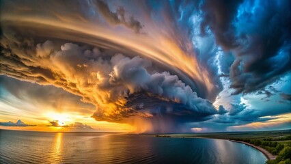 Obraz premium Drone Photography: Supercell Storm Wide Angle Lake Ocean View - Epic Weather Phenomenon