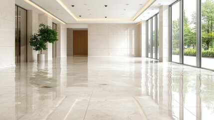 Fototapeta premium Spacious and bright modern office lobby featuring polished marble floors with reflections and large windows.
