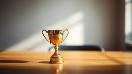 A Lustrous Gold Trophy on a Polished Wooden Surface, Set in the Foreground of a Busy Office with a Soft Focus on a Man and Woman in the Background