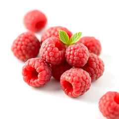 Ripe raspberries with leaves isolated on a white background
