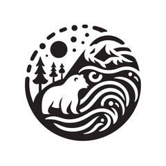 Bear, mountains, waves, moon, trees.