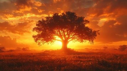 Fototapeta premium Fiery sunset, lone tree, tranquil field.