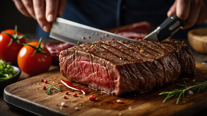 Perfectly Cooked Beef Roast Sliced on Marble with a Rich Glaze, Garnished with Fresh Rosemary, Ready to be Served as a Delicious and Elegant Meal