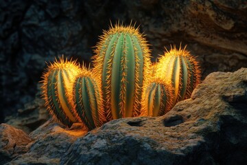 Unique cacti with vibrant spines illuminated in a rocky desert landscape at twilight