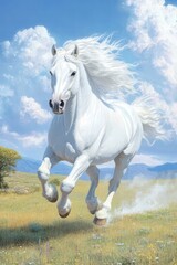Majestic White Horse Galloping Across Lush Green Meadow